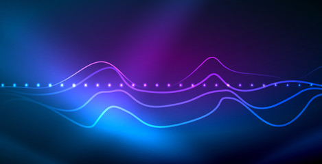 Glowing abstract wave on dark, shiny motion, magic space light. Vector techno abstract background