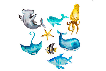 Watercolor set of illustrations with marine starfish, dolphin, fish, whales. Watercolor illustration isolated on white background. Handpainted nautical collection.