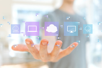 Cloud computing with young man holding his hand