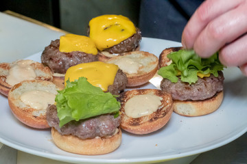 Hamburger sandwich with cheese, vegetables and sausage