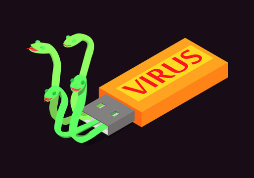 Computer virus on flash usb drive. Abstract snakes crawl out of a flash drive.