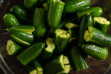 Cucumbers cut and sitting in a bowl.