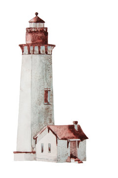 Hand drawn watercolor lighthouse illustration for your design. Isolated on white background.