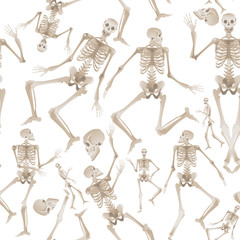 Seamless pattern of white human skeletons dancing and moving