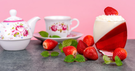 Panna cotta dessert with stawberries