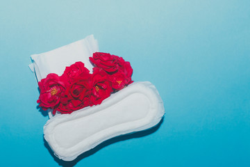 Female's hygiene products on blue background. Concept of critical days, menstrual cycle, period days, PMS