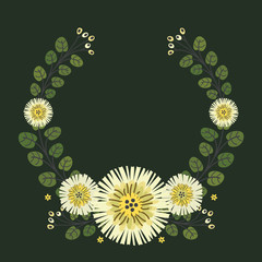 Floral greeting card and invitation template for wedding or birthday anniversary, Vector circle shape of text box label and frame, Cosmos flowers wreath ivy style with branch and leaves.