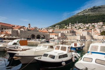 Dubrovnik city old port marina and  fortifications