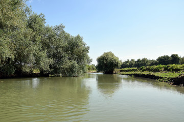 Landscape of Danube Delta. Danube distributary channel. Romania.