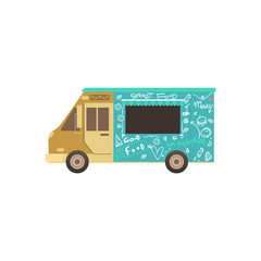 Food truck or van for fas delivery of street food, summer outdoor food festival concept.