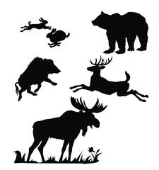 collection of black isolated silhouettes of forest animals on white background. esp.