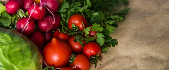 Organic food background. View from above with Copy space