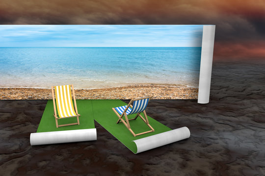 Concept of imaginary chair on the beach against desert background