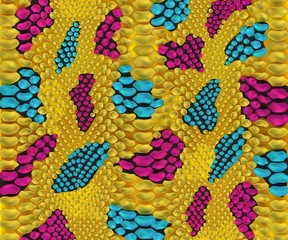 Yellow snake skin texture with blue and pink spots realistic style