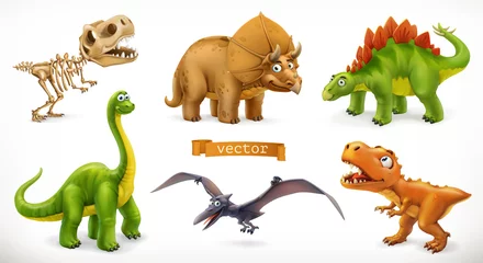 Fotobehang Dinosaurs cartoon character. Brachiosaurus, pterodactyl, tyrannosaurus rex, dinosaur skeleton, triceratops, stegosaurus. Funny animal 3d vector icon set © Natis