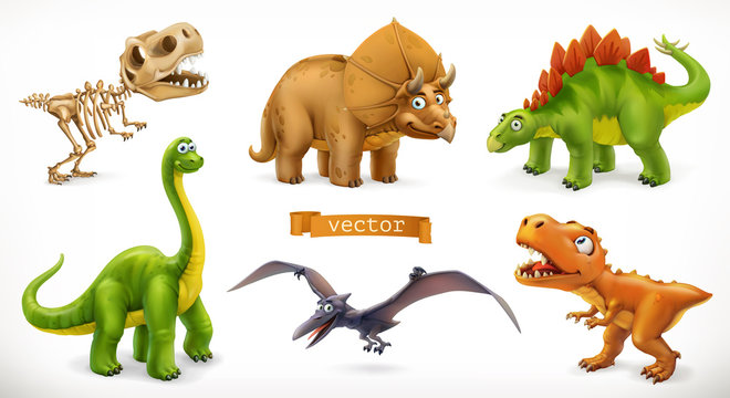 Dinosaurs cartoon character. Brachiosaurus, pterodactyl, tyrannosaurus rex, dinosaur skeleton, triceratops, stegosaurus. Funny animal 3d vector icon set