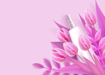 Template with white tube packaging mockup and pink flowers realistic style