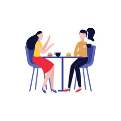Vector happy flat girls friends drink tea together