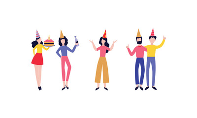 Vector happy men women in party hat set