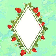 Strawberry frame in the form of a diamond, space for text. Green background. Vector illustration.