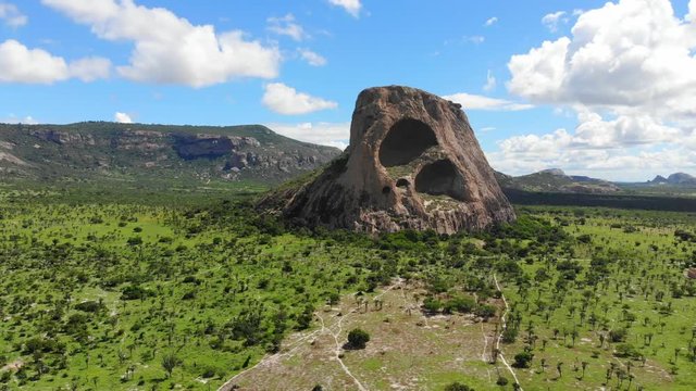 Hot day at Caatinga forest. Morro das Tocas, Itatim, Bahia, Brazil. Drone moving backwards 4K