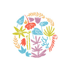 Vector round illustration with hand drawn textured prehistoric plants. Naive kid drawn style.