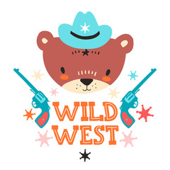Cute cowboy baby bear. Hand drawn vector illustration. For kid's or baby's shirt design, fashion print design, graphic, t-shirt, kids wear.