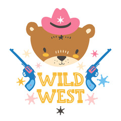 Cute cowboy baby bear. Hand drawn vector illustration. For kid's or baby's shirt design, fashion print design, graphic, t-shirt, kids wear.