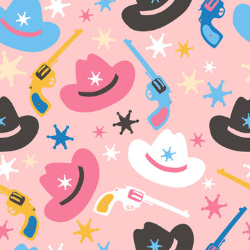 Seamless pattern with revolvers, cowboy hats and sheriff stars. Wild wist children mood.
