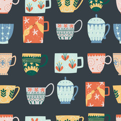 Kitchen seamless pattern of ceramic cups flat cartoon style