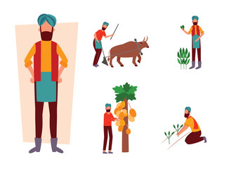 Set of Indian farmer and his work activity in field flat cartoon style