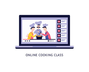 Online culinary video recipes on laptop screen and text flat cartoon style