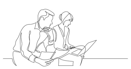 two coworkers working on documents with laptop computer - single line drawing