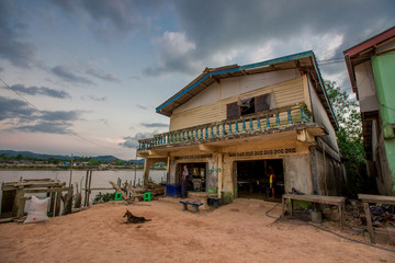 Ranong - Burma Village along the Kra Buri River:March 9, 2019,the atmosphere in the Burmese community There are boat houses and shops for tourists to visit,near the Kra Buri area, the Thai-Myanmar 