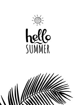 Black and white summer tropical template. Summer vector illustration with lettering