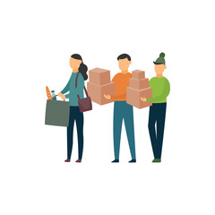 Young volunteer people with donation boxes, cartoon characters doing charity