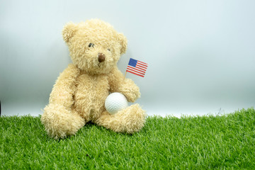 Bear  is holding fag of America with golf ball on green grass.