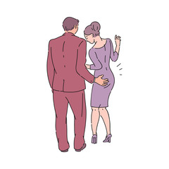 A male colleague or boss in a suit touches a woman in a dress behind her ass.