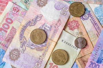 Ukrainian hryvnia, various coins and bills, old and new. Cash.