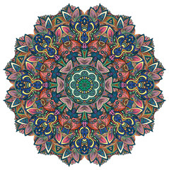 Naklejki  Mandala, wzór koła maswerkowego Mehndi. Etniczne ornament, kolorowe doodle symetrii tekstury. Ludowy tradycyjny duchowy projekt plemienny. Zakrzywiony kształt, na białym tle. Sztuka kolorowania. Wektor