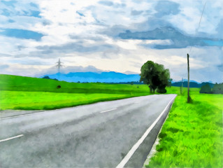 Watercolor landscape. The road to the field.