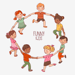 Happy kids holding hands and dancing in a circle. Cute boys and girls having fun. Cartoon outline style 