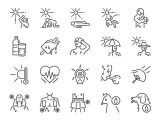Heatstroke line icon set. Included icons as heat, stroke, faint, hot, sick, summer and more.