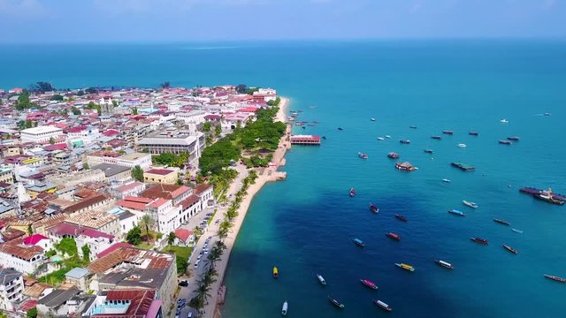 Beautiful aerial drone over downtown Stonetown Zanzibar, Tanzania, Africa.