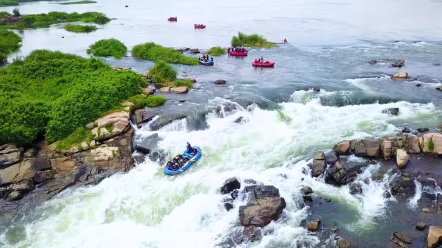 Aerial over rafters whitewater rafting on the Nile River in Uganda, Africa.