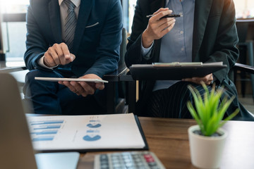 business people and coworker colleagues discussing explanations about week working plan project cooperating in modern coworking office.