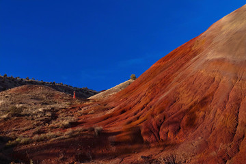 Woman  by red hill. Painted Hills. John Day Fossil Beds National Monument. Bend. Oregon. United States of America