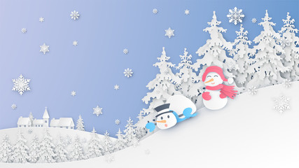 Snowman and Snowgirl are happily to playing snow in winter. Merry Christmas greeting card. paper cut and craft design. vector, illustration.