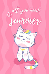 Summer card with cute cat on  and summer elements on a pink background with phrase all you need is summer