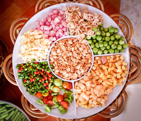 Set of herbs and spices and vegetable slice on tray for ingredients taste savory cook spicy food of asia